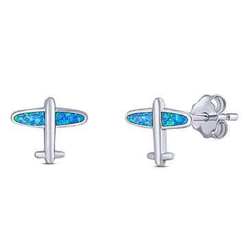 Flying High Aeroplane Stud Earring Created Blue Opal Solid 925 Sterling Silver (8.7mm)